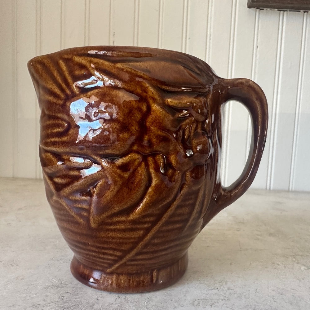 McCoy Pottery Ceramic Pitcher Creamer Bird Berries Amber Brown Vintage Farmhouse